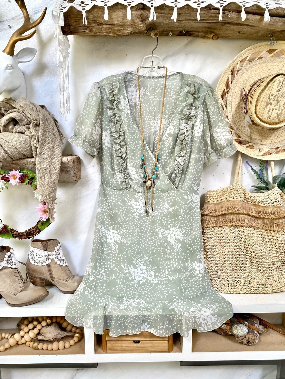 Sweet SAGE green Boho Ruffle V-Neck Floral Dress w cottagecore prairie vibe